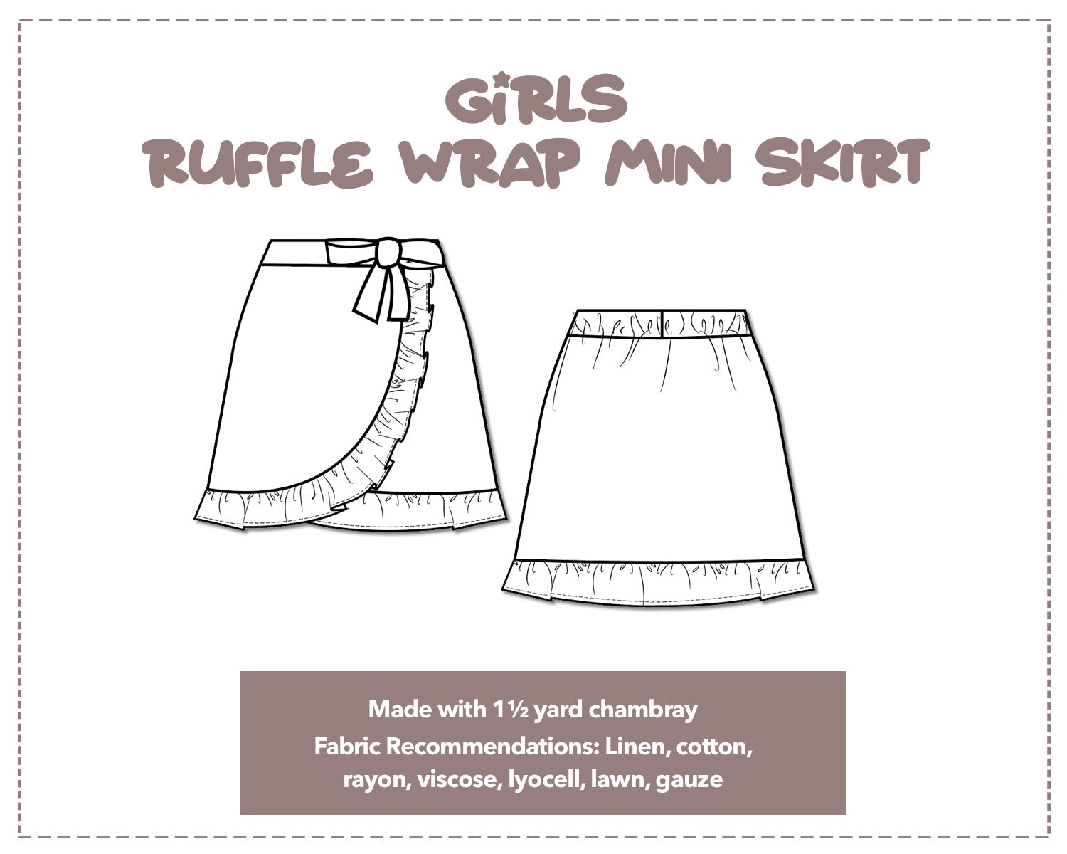 Illustration and detailed description for Girls Ruffle Wrap Mini Skirt sewing pattern.