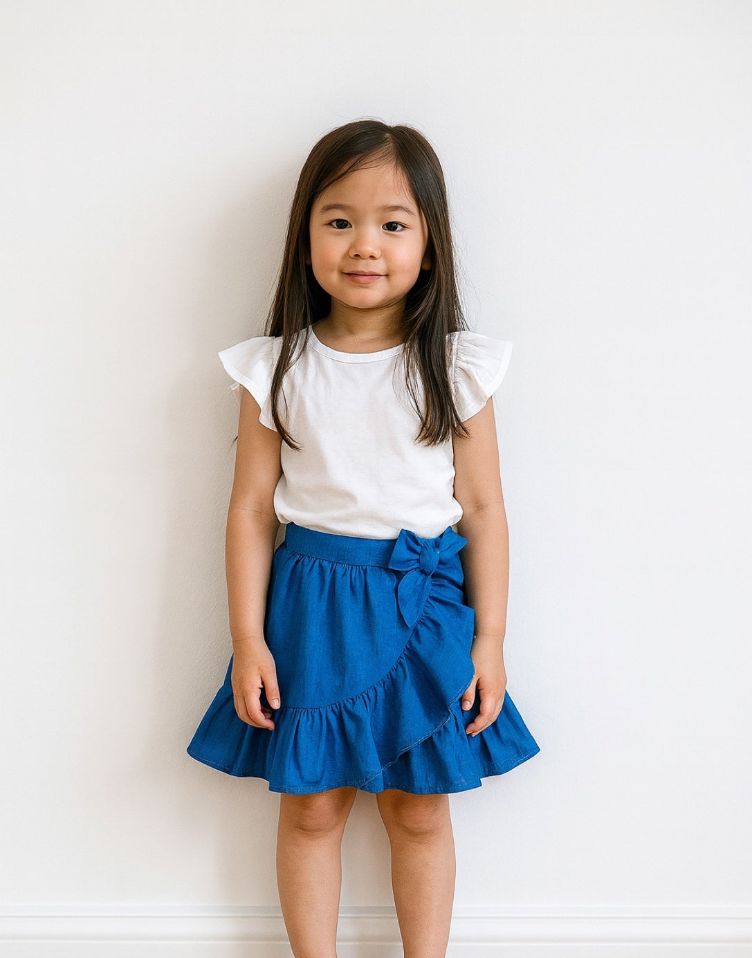 Young girl wearing a white top and blue Ruffle Wrap Mini Skirt against a plain background
