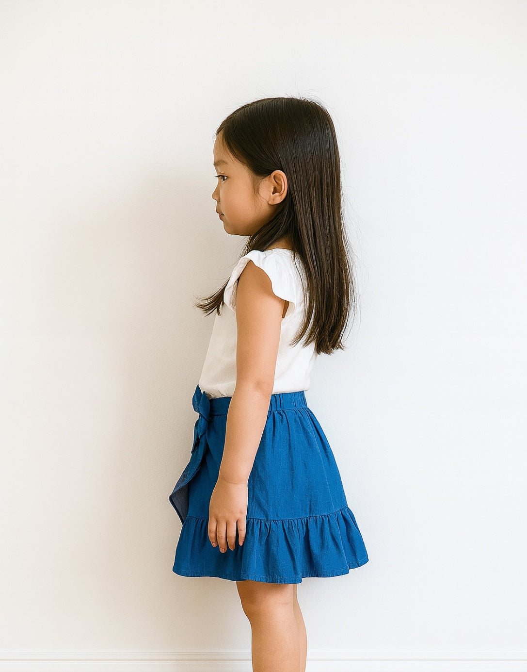 Side view of young girl wearing a white top and blue Ruffle Wrap Mini Skirt against a plain background.