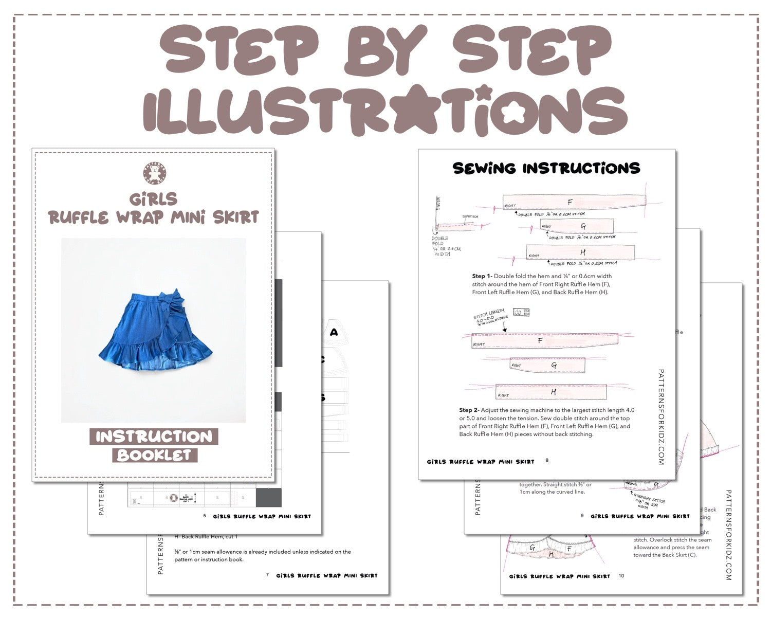 Girls Ruffle Wrap Mini Skirt sewing pattern step by step illustrations.