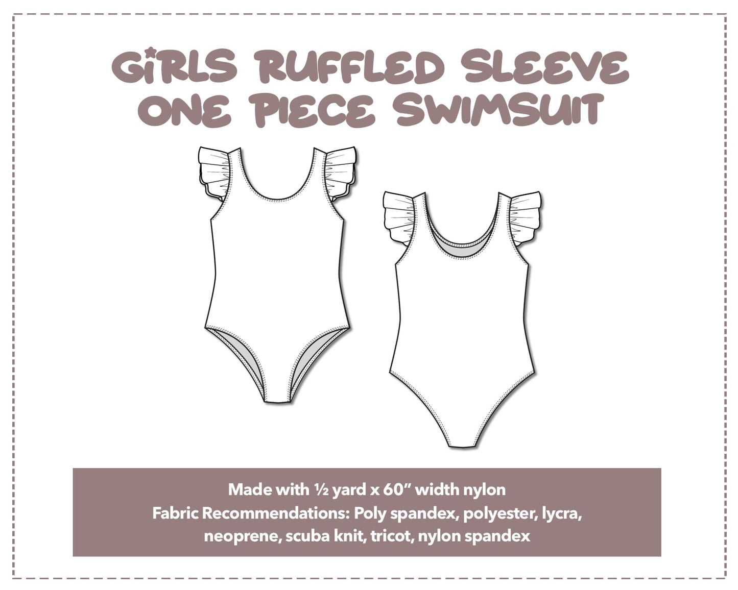 Illustration and detailed description for Girls Ruffled Sleeve One Piece Swimsuit sewing pattern.