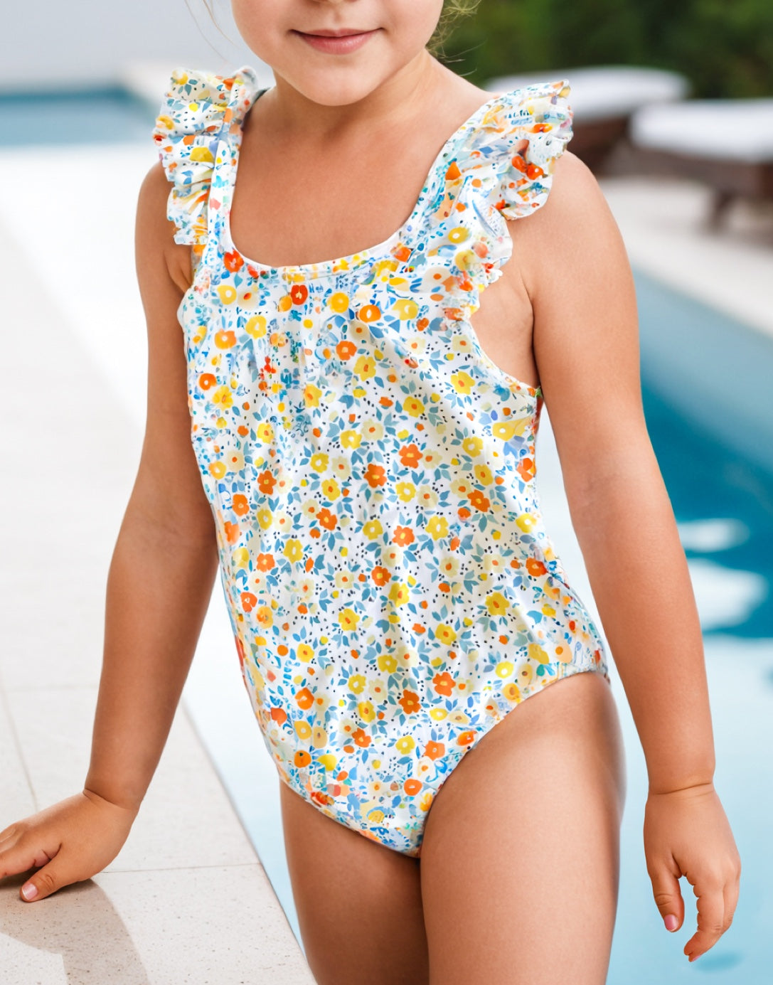 Front view of Girls Ruffled Sleeve One Piece Swimsuit.