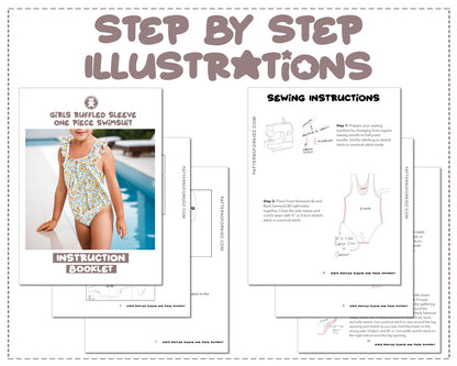 Girls Ruffled Sleeve One Piece Swimsuit sewing pattern step by step illustrations.