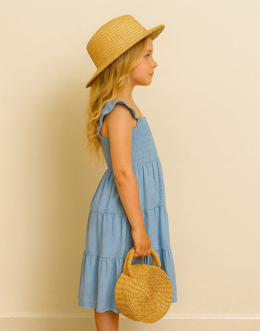Side view of young girl wearing a blue Shirred Maxi Dress and straw hat, holding a round straw bag against a beige background.