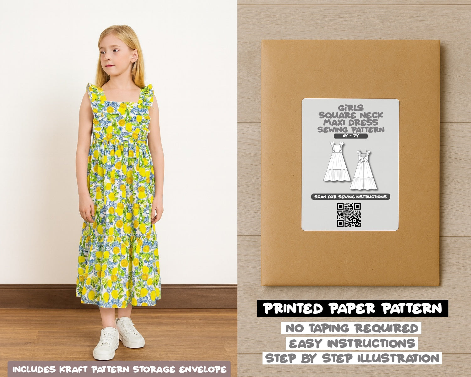 Girls Square Neck Ruffled Sleeve Maxi Dress printed sewing pattern with easy instructions and step by step illustrations.