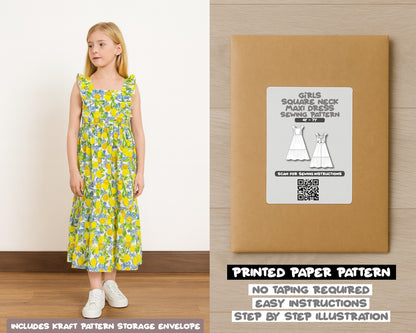 Girls Square Neck Ruffled Sleeve Maxi Dress printed sewing pattern with easy instructions and step by step illustrations.