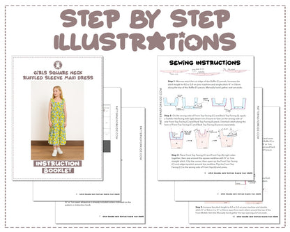 Girls Square Neck Ruffled Sleeve Maxi Dress sewing pattern instruction booklet showing step by step illustrations to make the garment.
