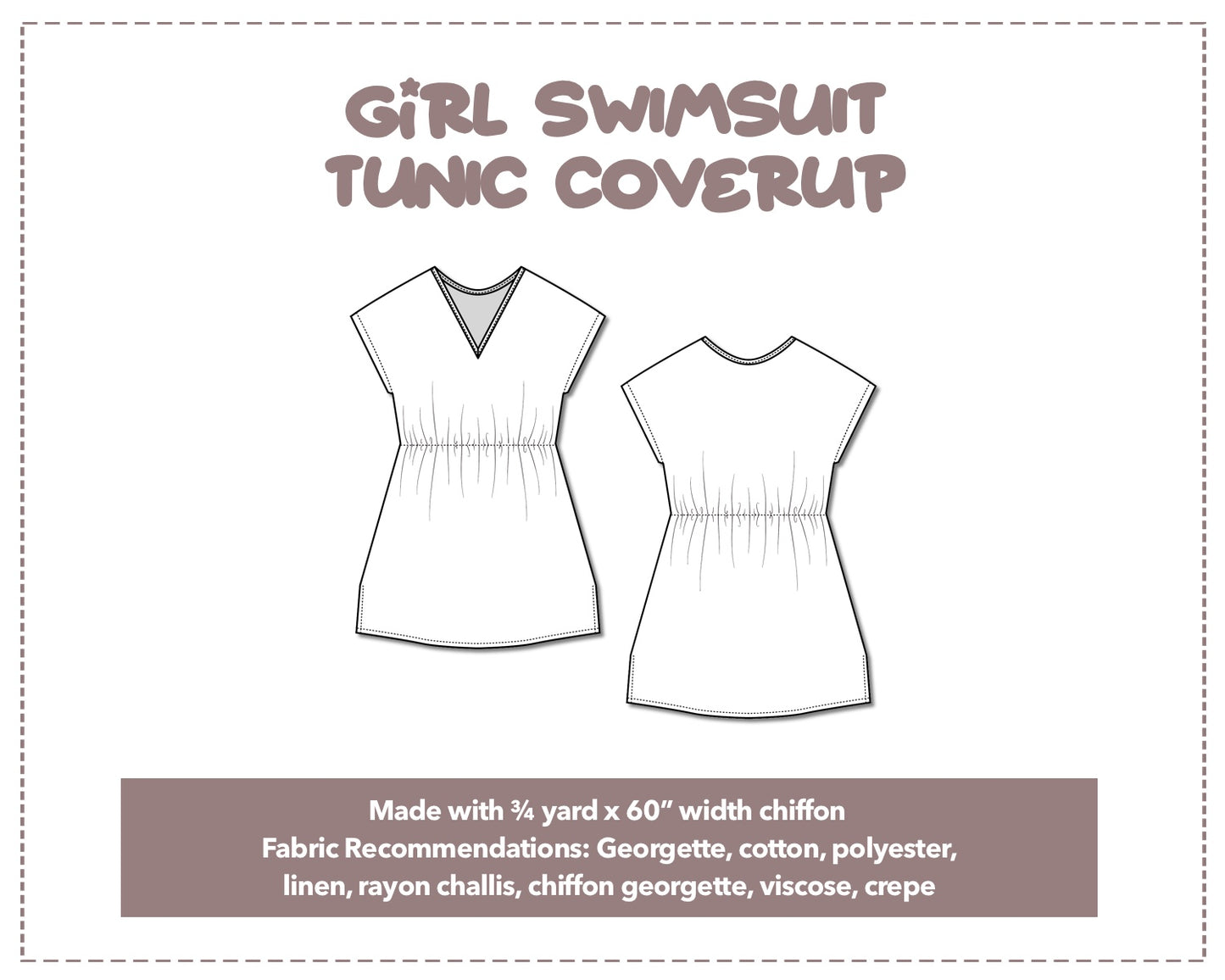 Illustration and detailed description for Girls Swimsuit Tunic Coverup sewing pattern.