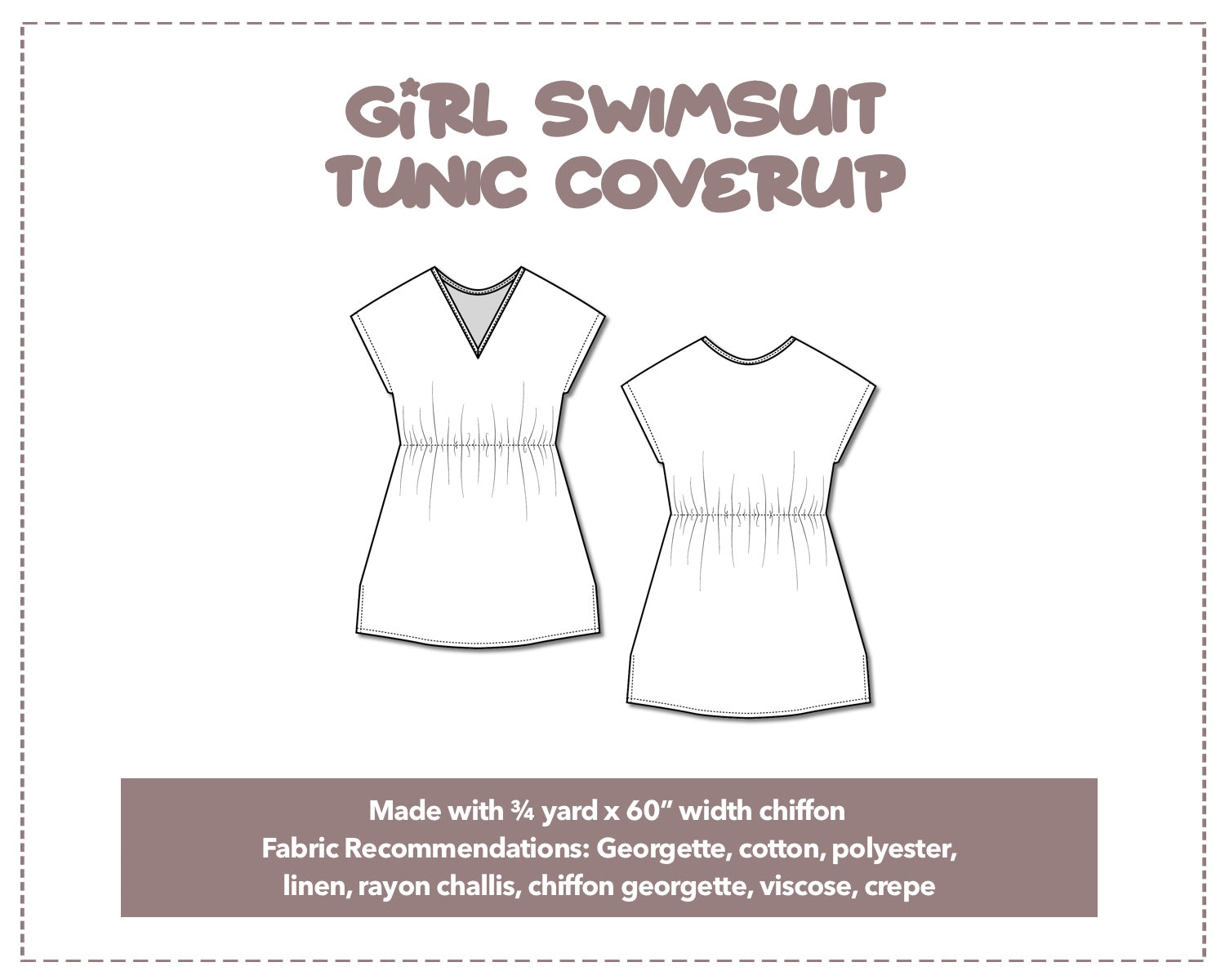 Illustration and detailed description for Girls Swimsuit Tunic Coverup sewing pattern.