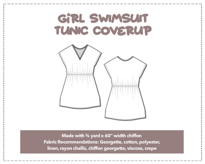 Illustration and detailed description for Girls Swimsuit Tunic Coverup sewing pattern.