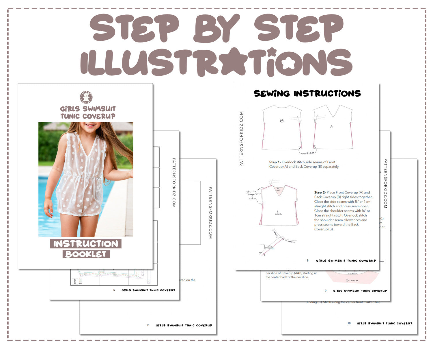 Girls Swimsuit Tunic Coverup sewing pattern step by step illustrations.