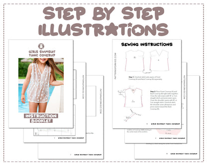 Girls Swimsuit Tunic Coverup sewing pattern step by step illustrations.