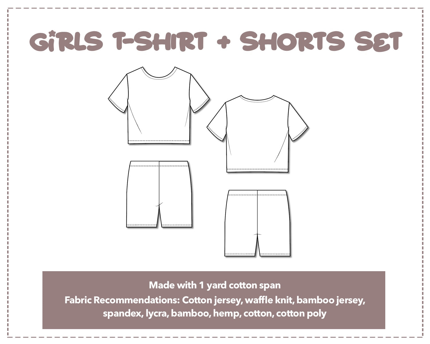 Illustration and detailed description for Girls T-Shirt and Biker Shorts Set sewing pattern.