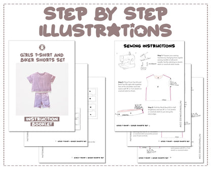 Girls T-Shirt and Biker Shorts Set sewing pattern step by step illustrations.