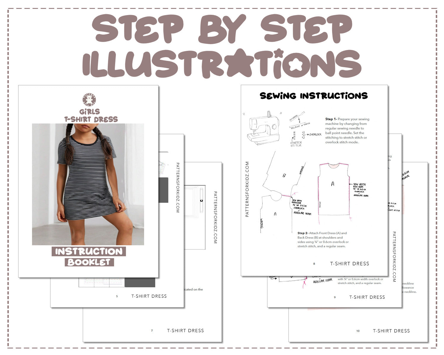 Girls T-Shirt Dress sewing pattern step by step illustrations.