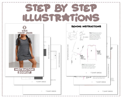 Girls T-Shirt Dress sewing pattern step by step illustrations.