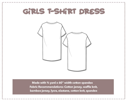 Illustration and detailed description for Girls T-Shirt Dress sewing pattern.