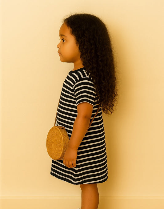 Side view of young girl in a striped T-Shirt Dress holding a round woven bag against a beige wall.