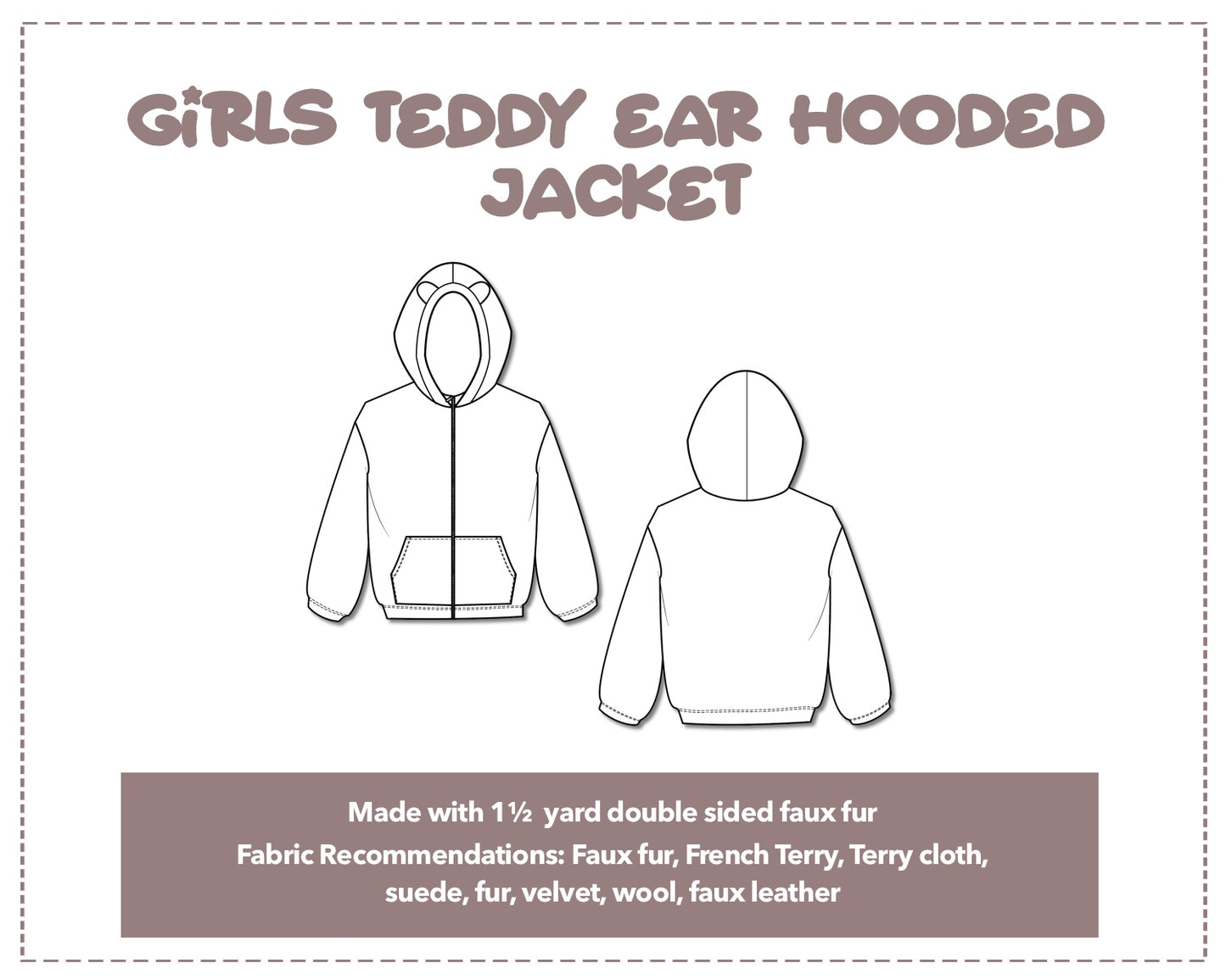 Illustration and detailed description for Girls Teddy Ear Hooded Jacket sewing pattern.