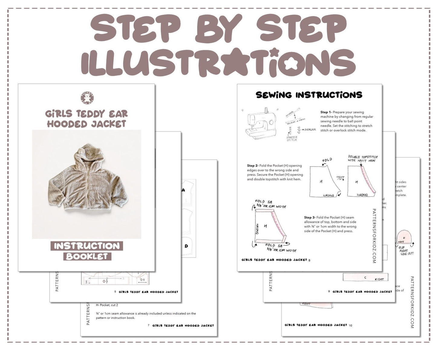 Girls Teddy Ear Hooded Jacket sewing pattern step by step illustrations.