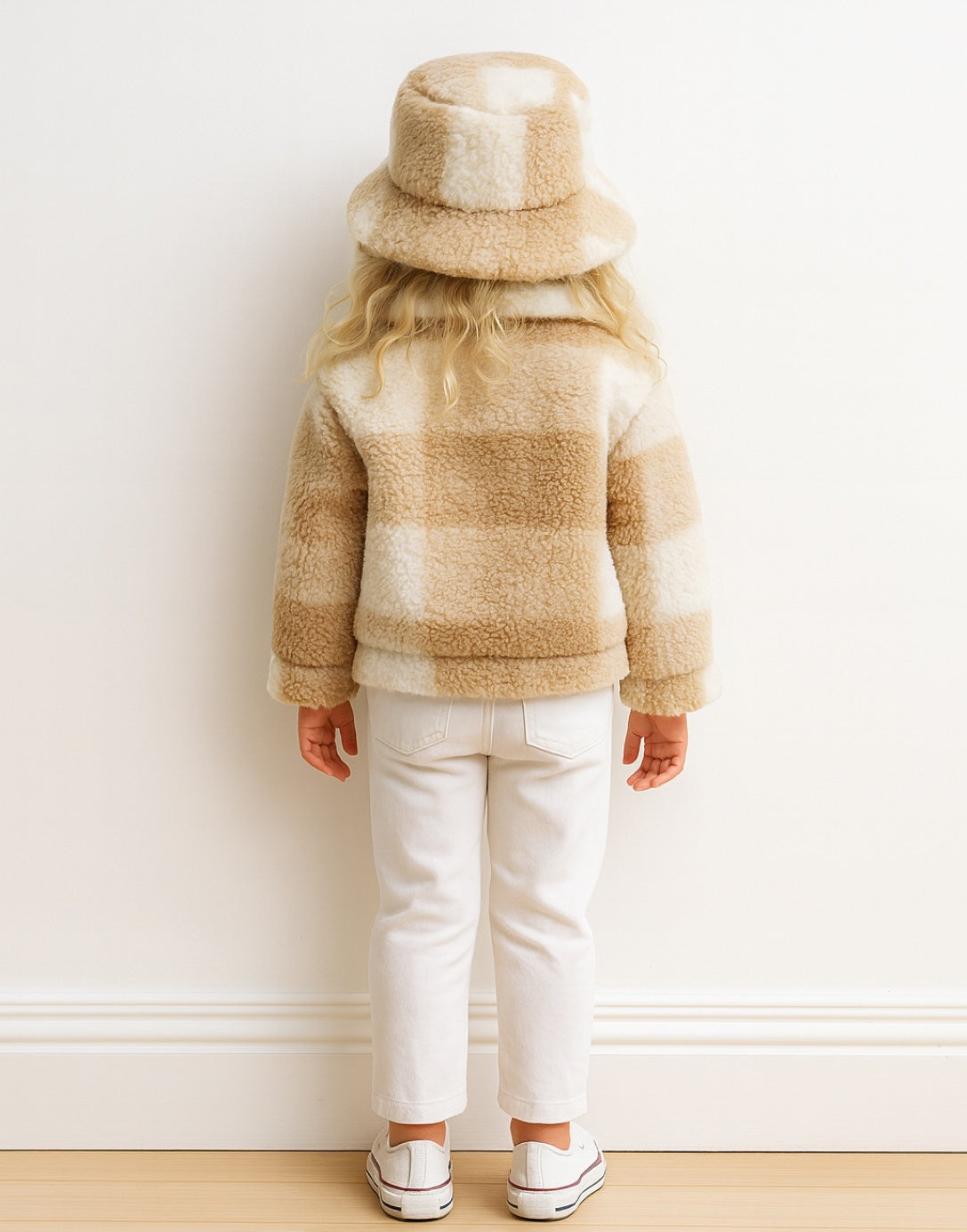 Back view of child wearing a beige and white striped Teddy Jacket with a matching hat against a white wall.