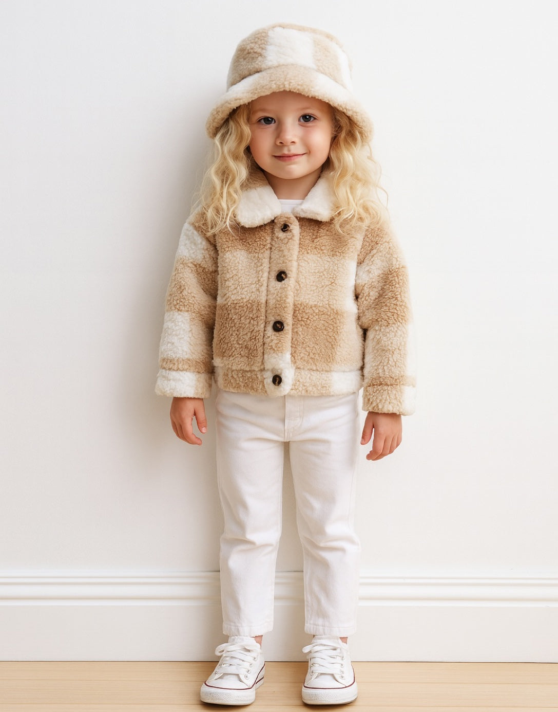 Child wearing a beige and white striped Teddy Jacket with a matching hat against a white wall.