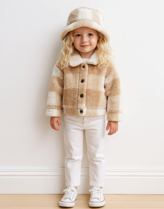 Child wearing a beige and white striped Teddy Jacket with a matching hat against a white wall.