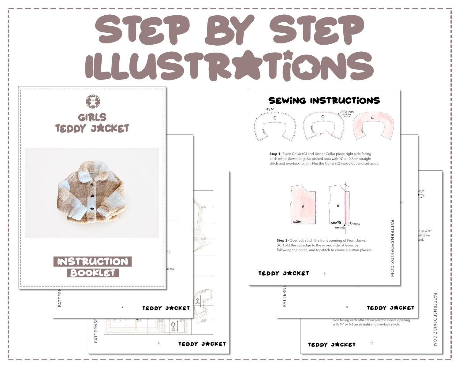 Girls Teddy Jacket sewing pattern step by step illustrations.