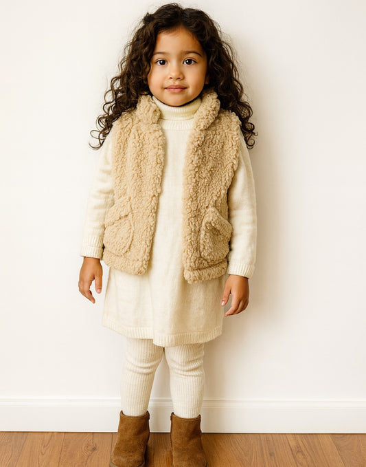 Child wearing a beige fleece Teddy Vest over a white outfit against a plain background