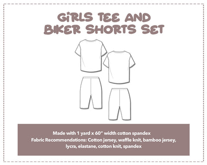 Illustration and detailed description for Girls Tee and Biker Shorts sewing pattern.
