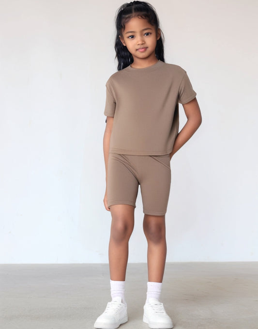 Front view of Girls Tee and Biker Shorts.