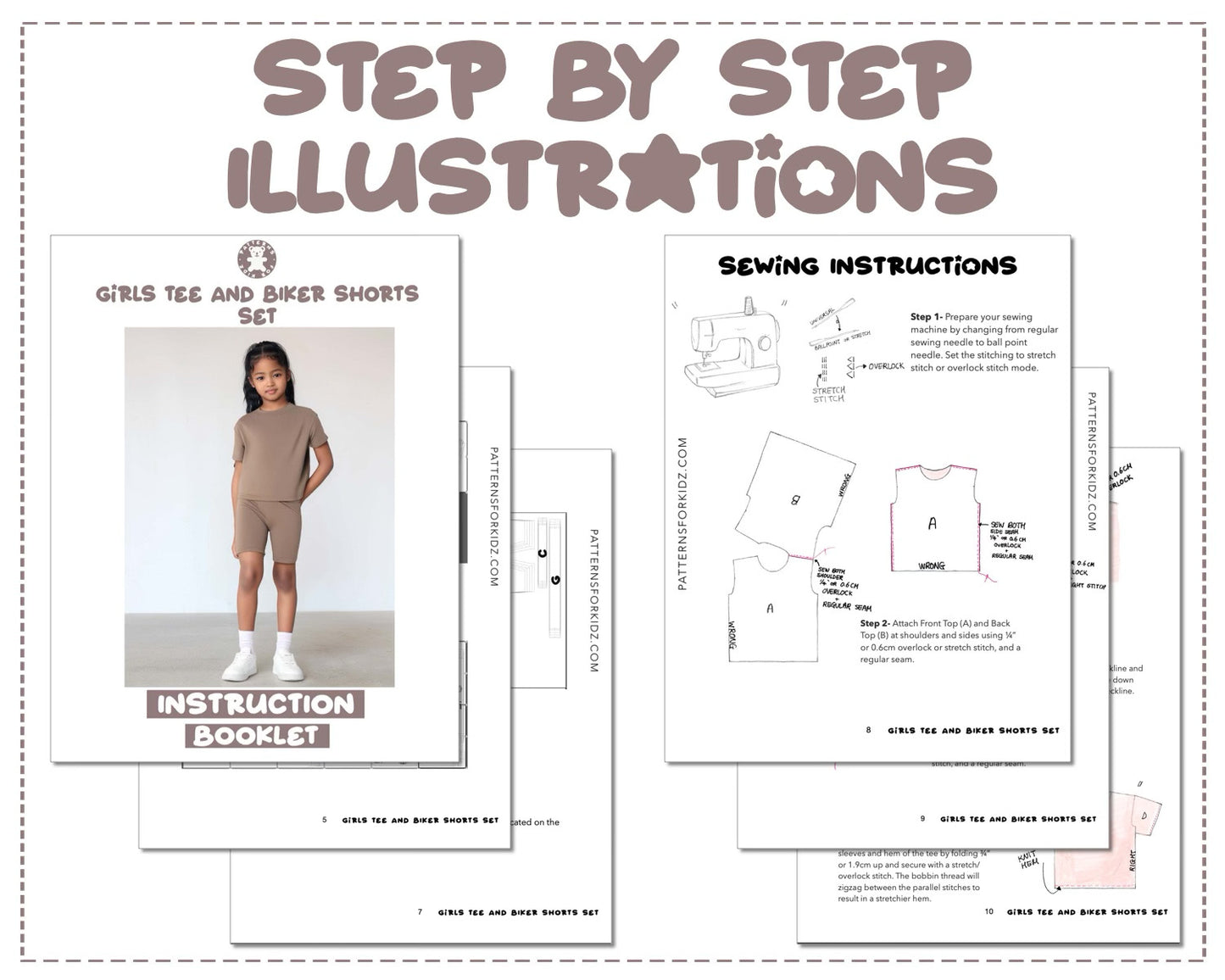 Girls Tee and Biker Shorts sewing pattern step by step illustrations.