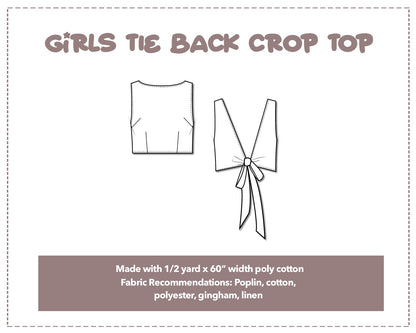 Illustration and detailed description for Girls Tie Back Crop Top sewing pattern.
