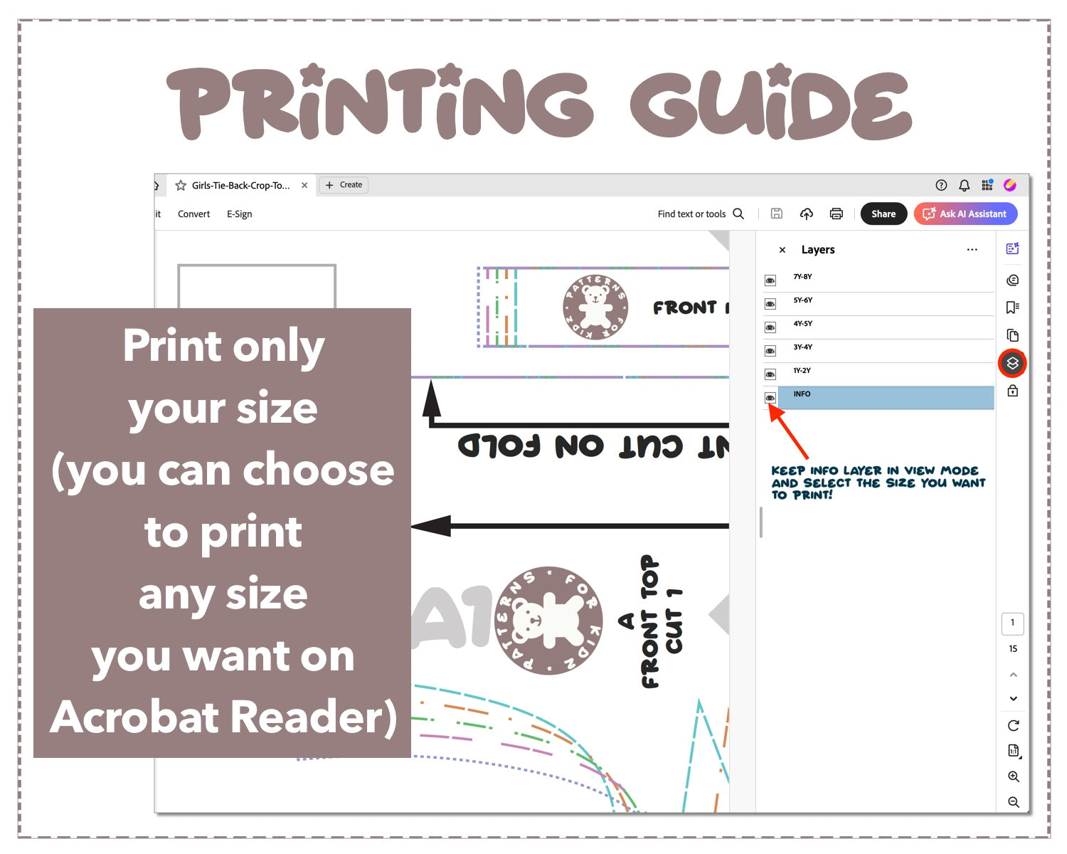 Girls Tie Back Crop Top sewing pattern printing guide.