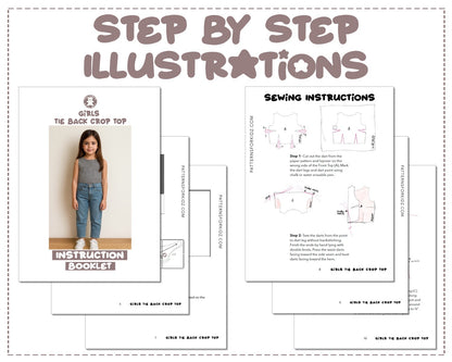 Girls Tie Back Crop Top sewing pattern step by step illustrations.