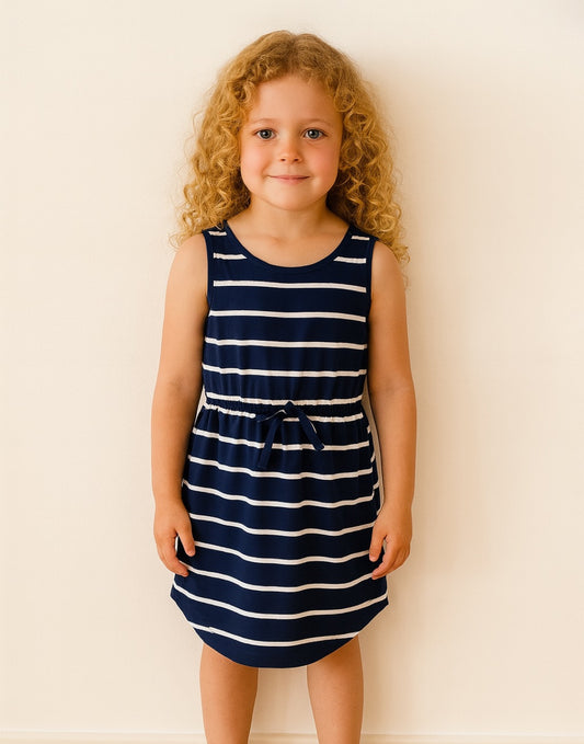 Young girl wearing a navy and white striped Tie Front Curved Hem Knit Dress against a plain background
