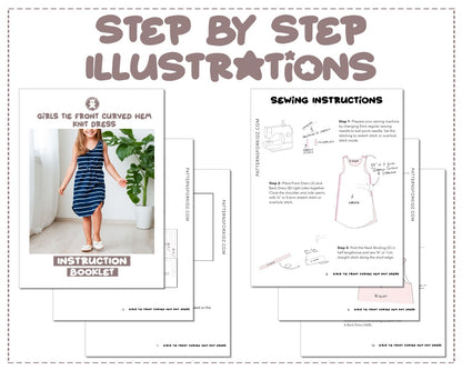 Girls Tie Front Curved Hem Knit Dress sewing pattern step by step illustrations.