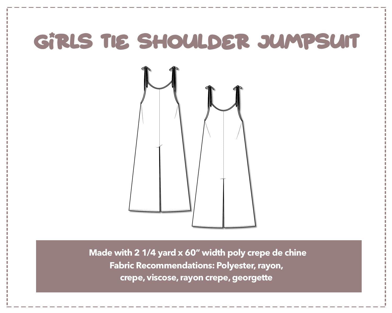 Illustration and detailed description for Girls Tie Shoulder Jumpsuit sewing pattern.