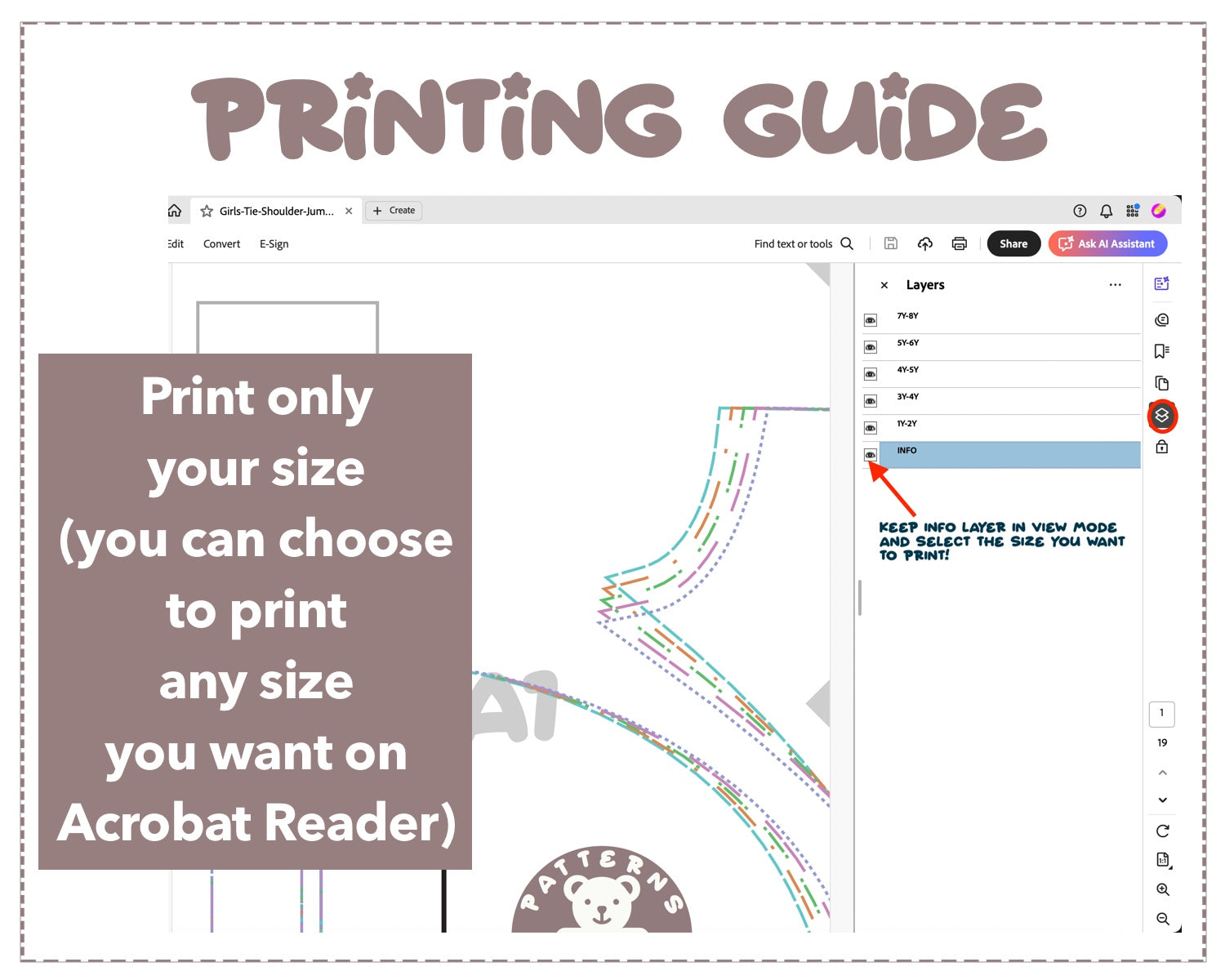 Girls Tie Shoulder Jumpsuit sewing pattern printing guide.