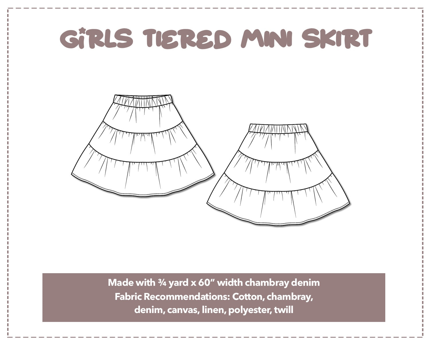 Illustration and detailed description for Girls Tiered Mini Skirt sewing pattern.