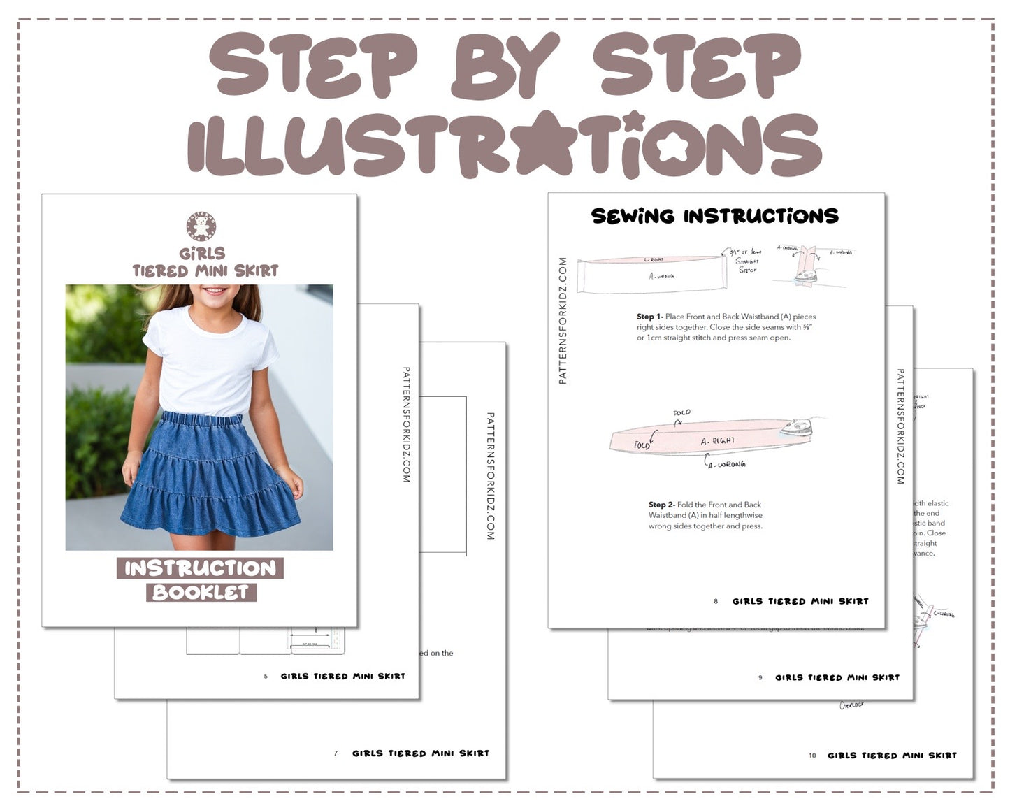 Girls Tiered Mini Skirt sewing pattern step by step illustrations.