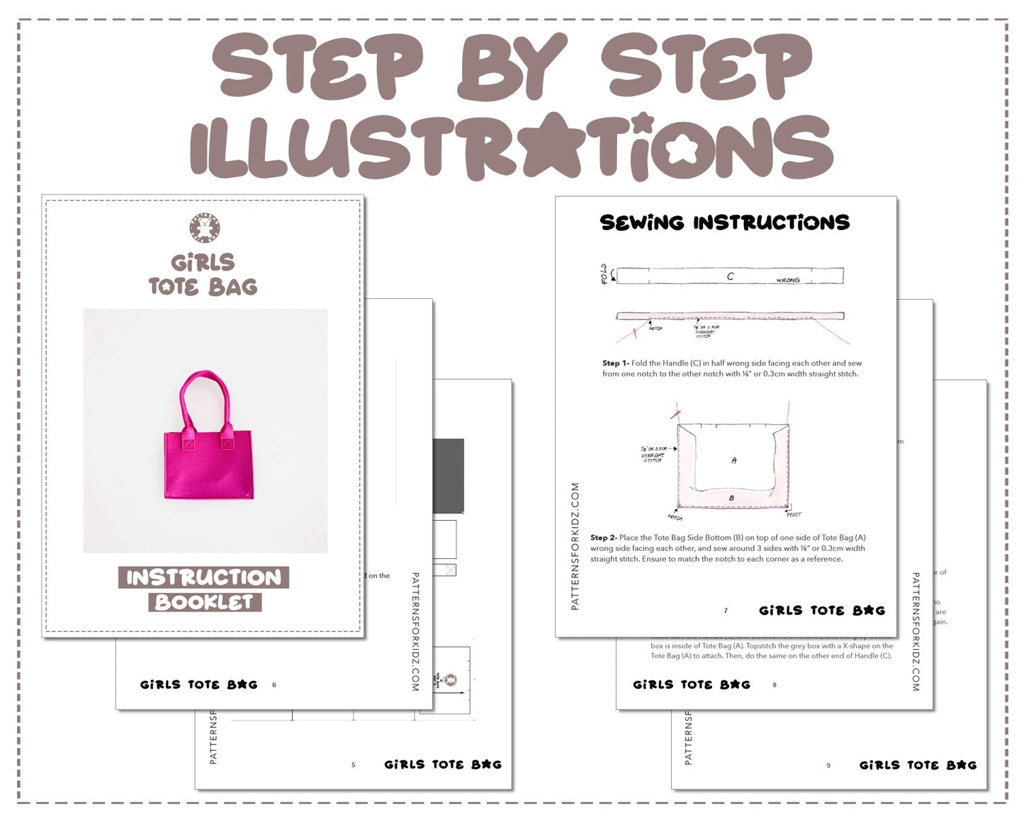 Girls Tote Bag sewing pattern step by step illustrations.