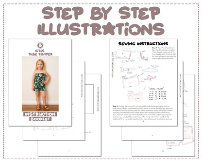 Girls Tube Romper sewing pattern step by step illustrations.