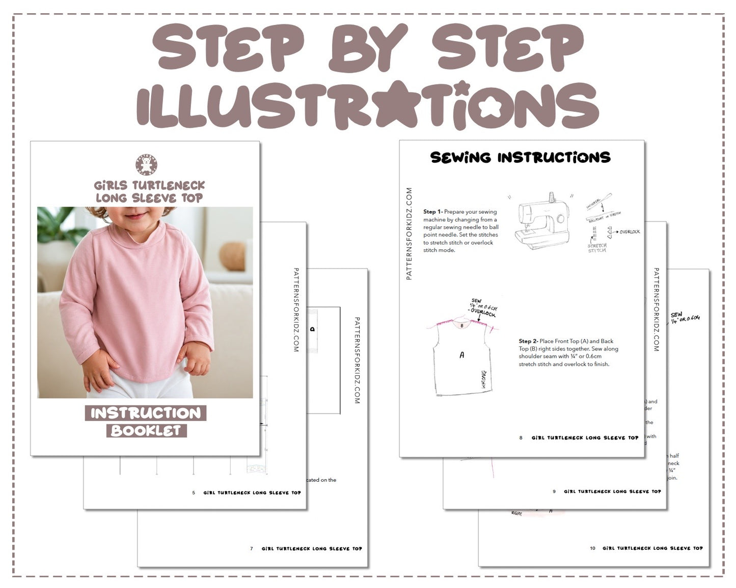 Girls Turtleneck Long Sleeve Top sewing pattern step by step illustrations.