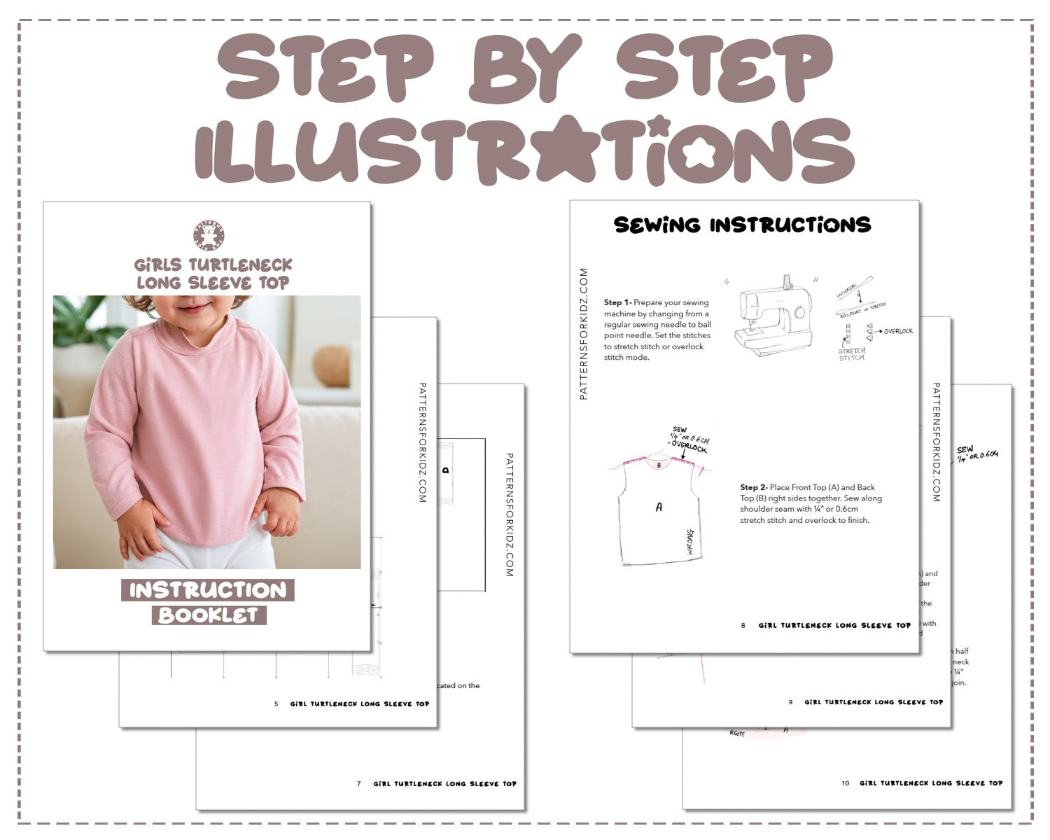 Girls Turtleneck Long Sleeve Top sewing pattern step by step illustrations.