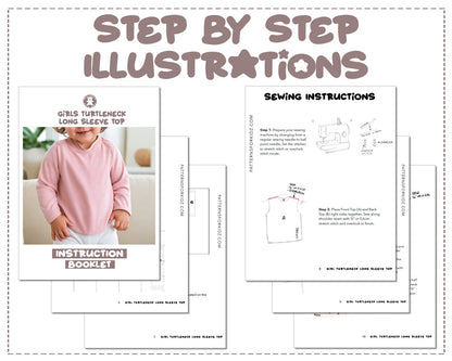 Girls Turtleneck Long Sleeve Top sewing pattern step by step illustrations.