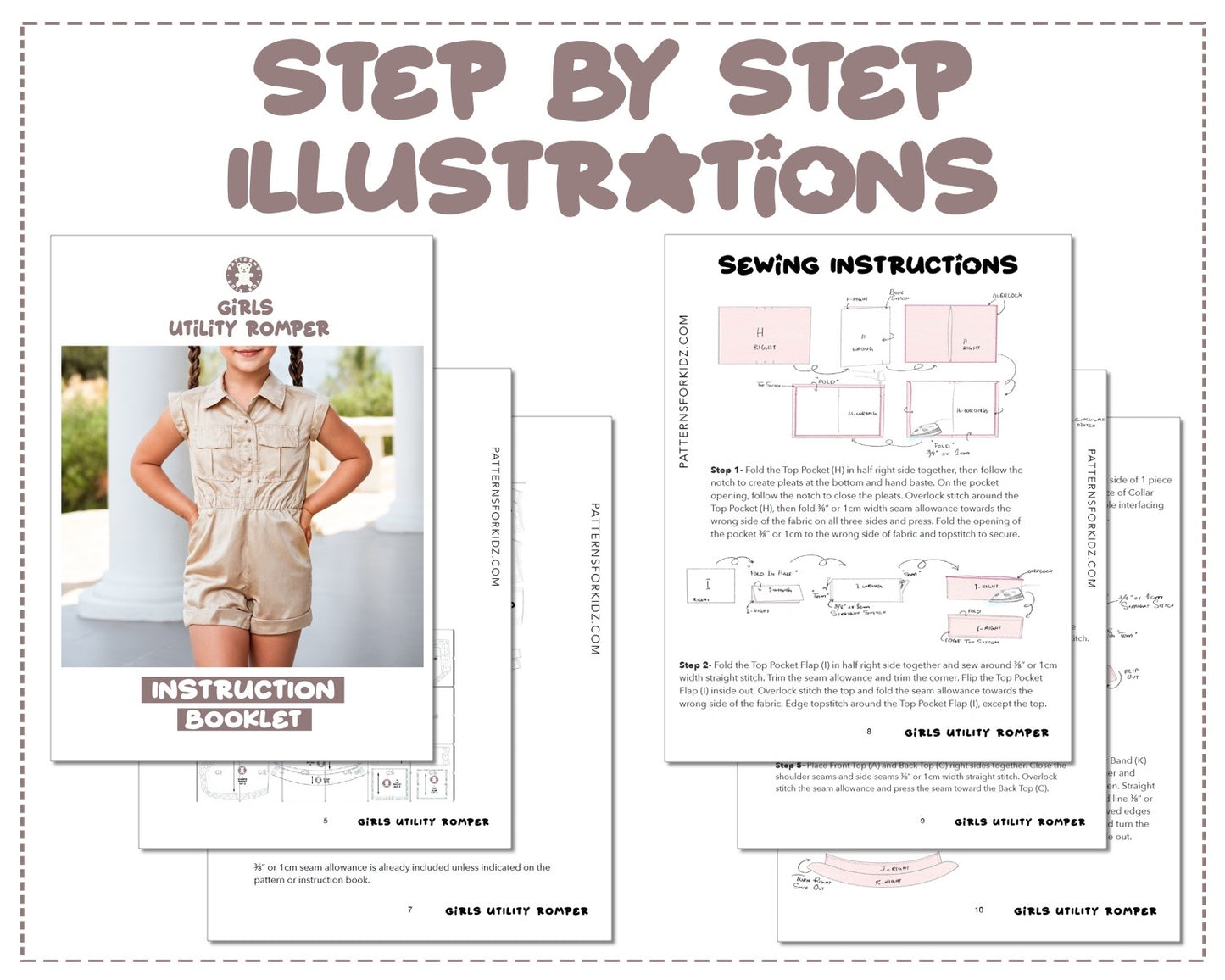 Girls Utility Romper sewing pattern step by step illustrations.