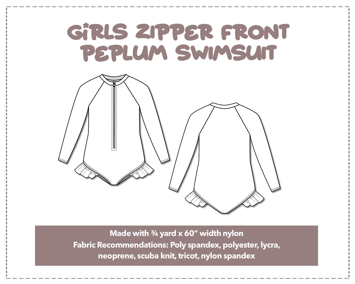 Illustration and detailed description for Girls Zipper Front Peplum Swimsuit sewing pattern.