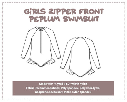 Illustration and detailed description for Girls Zipper Front Peplum Swimsuit sewing pattern.