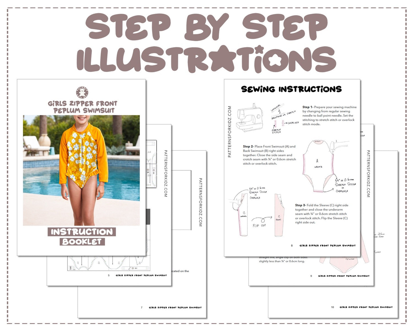 Girls Zipper Front Peplum Swimsuit sewing pattern step by step illustrations.